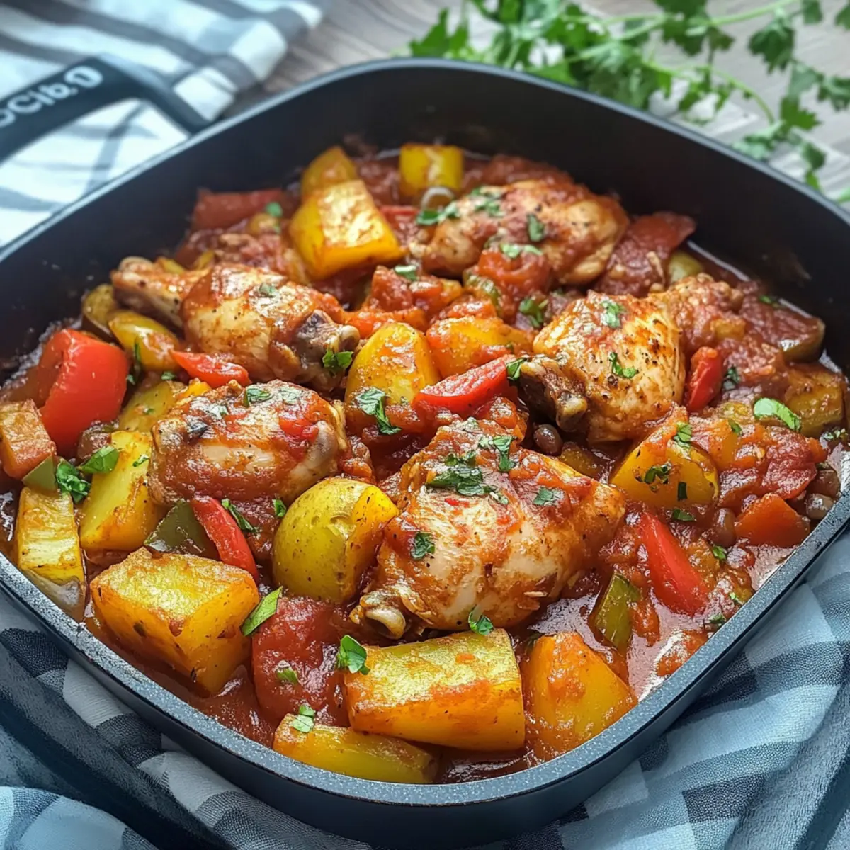 Hähnchen mit Kartoffel-Gemüse in Tomatensoße